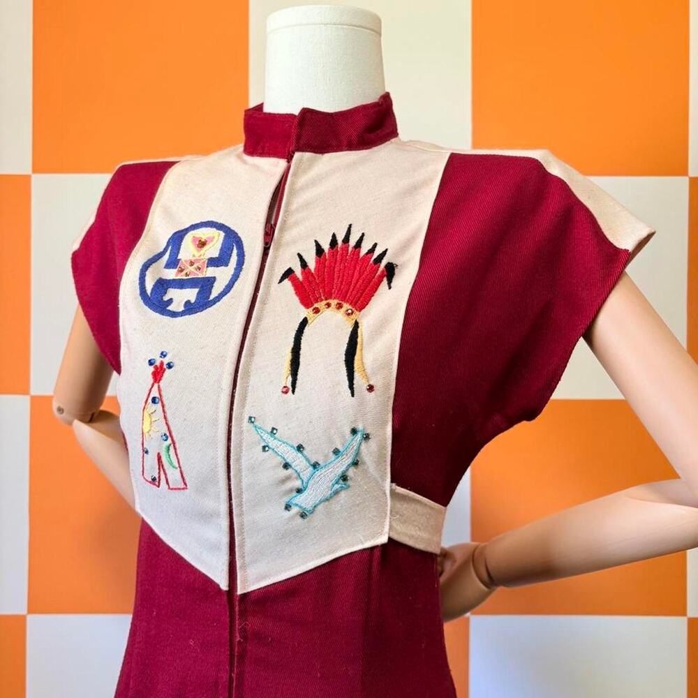 70s Vintage Maroon Beige Southwestern Embroidered Wide Leg Jumpsuit - Picture 3 of 7